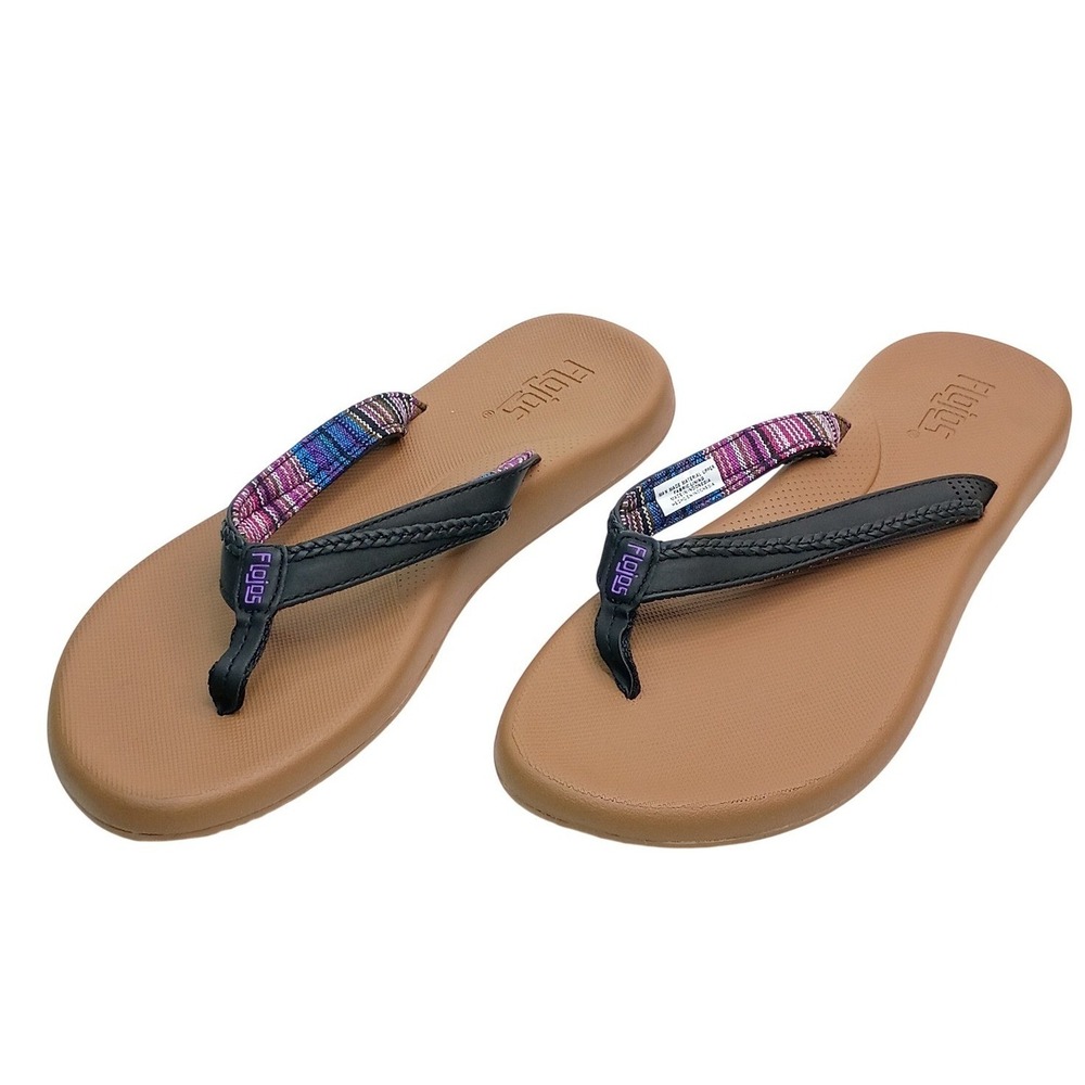 Flojos Fiesta Flip Flop Women Sz 10 Black Multi Color Woven Fabric Strap Sandal